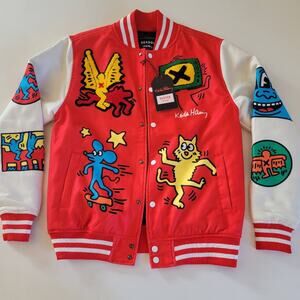 NWT Keith Haring Reason Patchwork Varsity Jacket Red Letterman Bomber Sz Medium